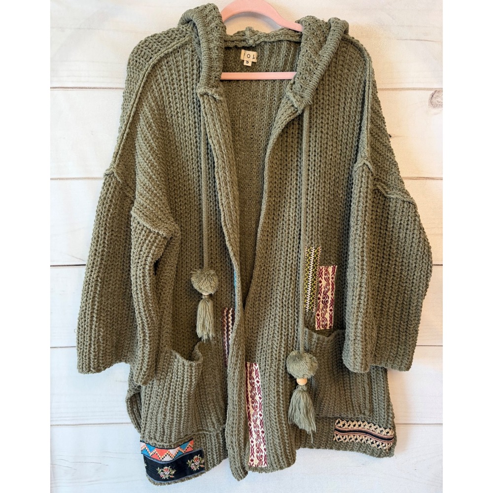 POL Clothing Olive Green Patchwork Chunky Knit Hooded Cardigan Sweater SMST702 S